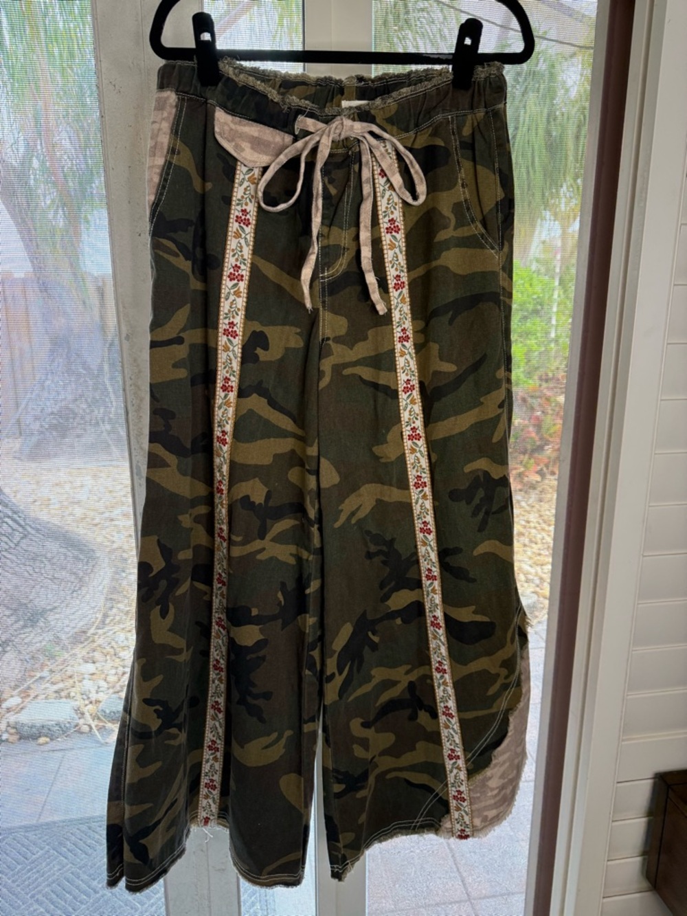 POL Wide Leg Camo Pants with Embroidered Trim - Olive Green, Brown NEOT